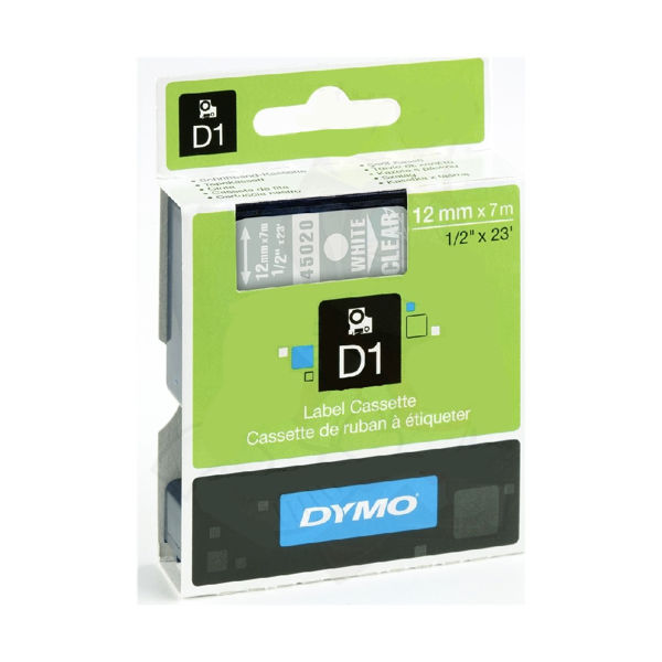 Picture of DYMO D1 LABEL CASSETTE ORIGINAL 45020 12MM WHITE ON CLEAR